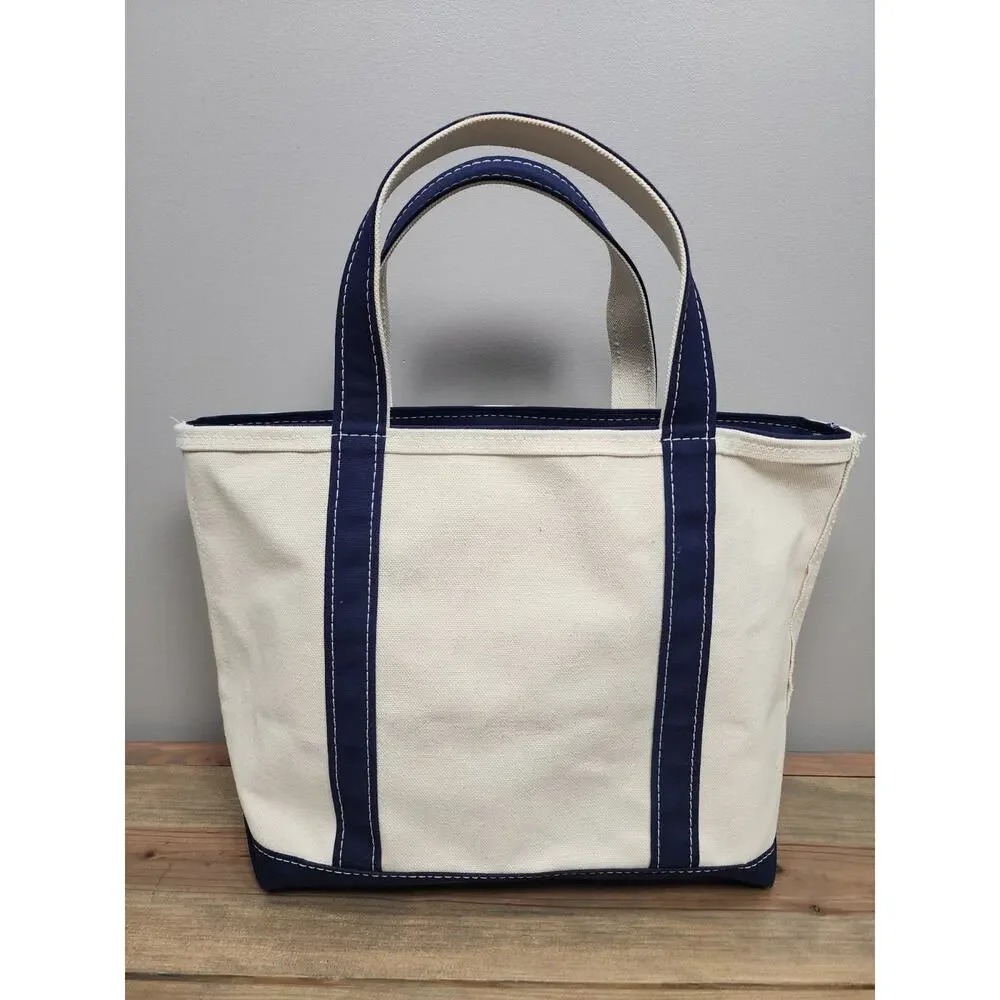 L.L.BEAN Vintage Zip Top Boat and Tote Medium Natural Navy Canvas 16x12 USA - Picture 2 of 16